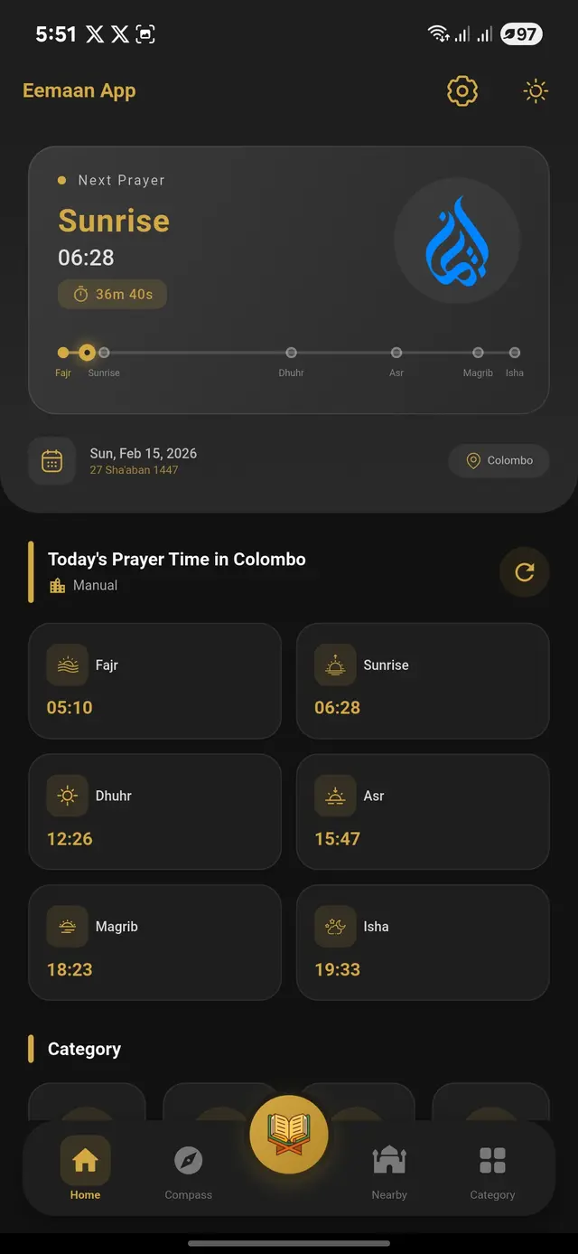 Eemaan dark theme home screen with prayer times