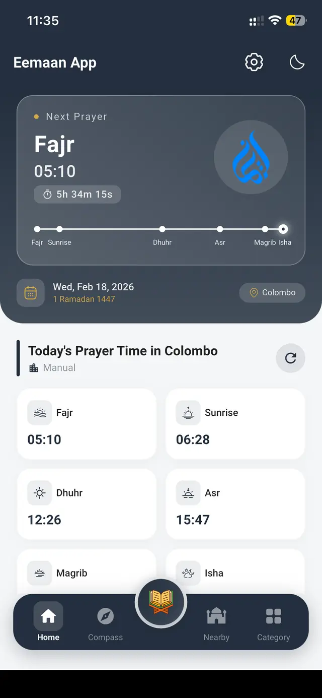 Eemaan App - Home screen showing accurate prayer times worldwide