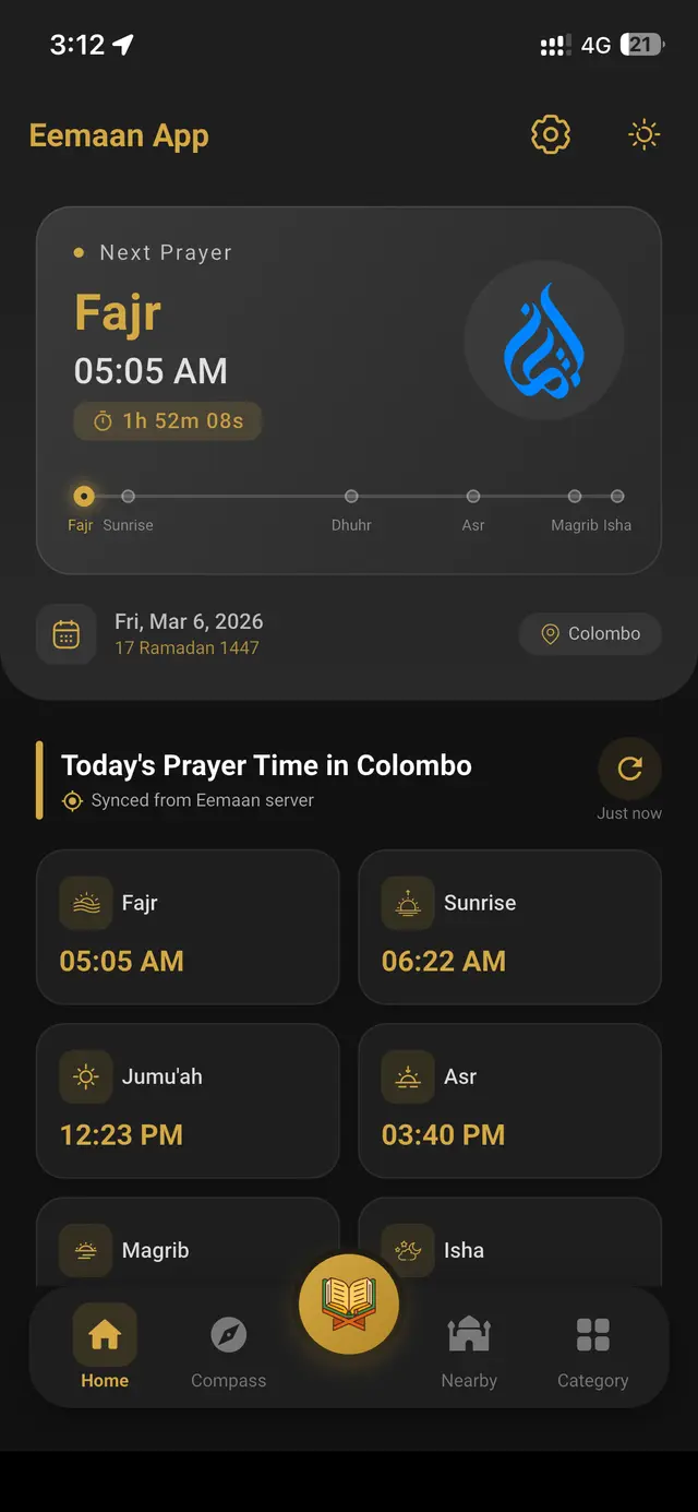 Eemaan App showing accurate prayer times with worldwide coverage